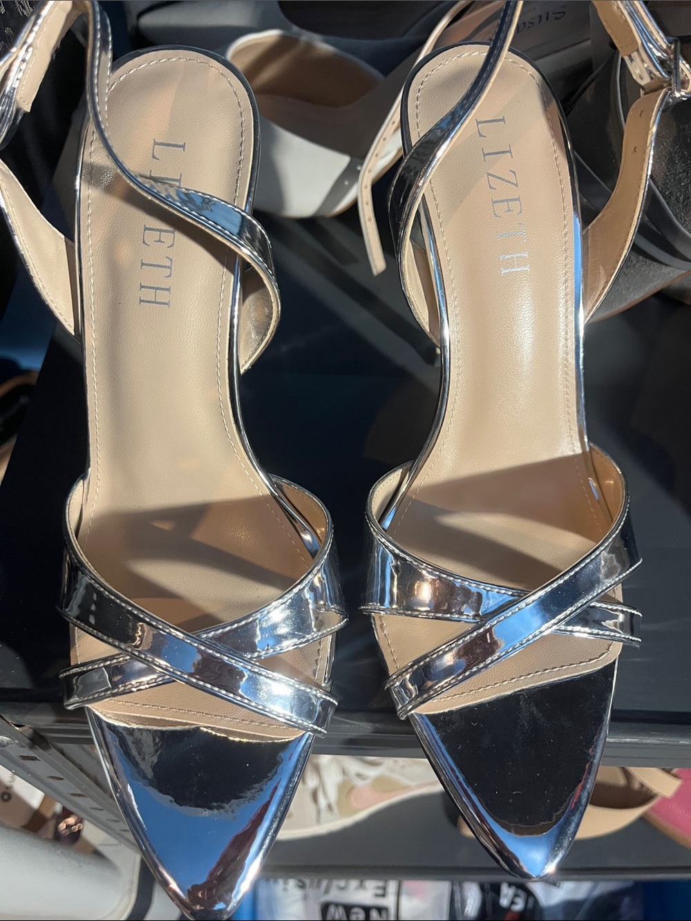 Lizeeth Metallic Silver Strappy Pointed-Toe Heels